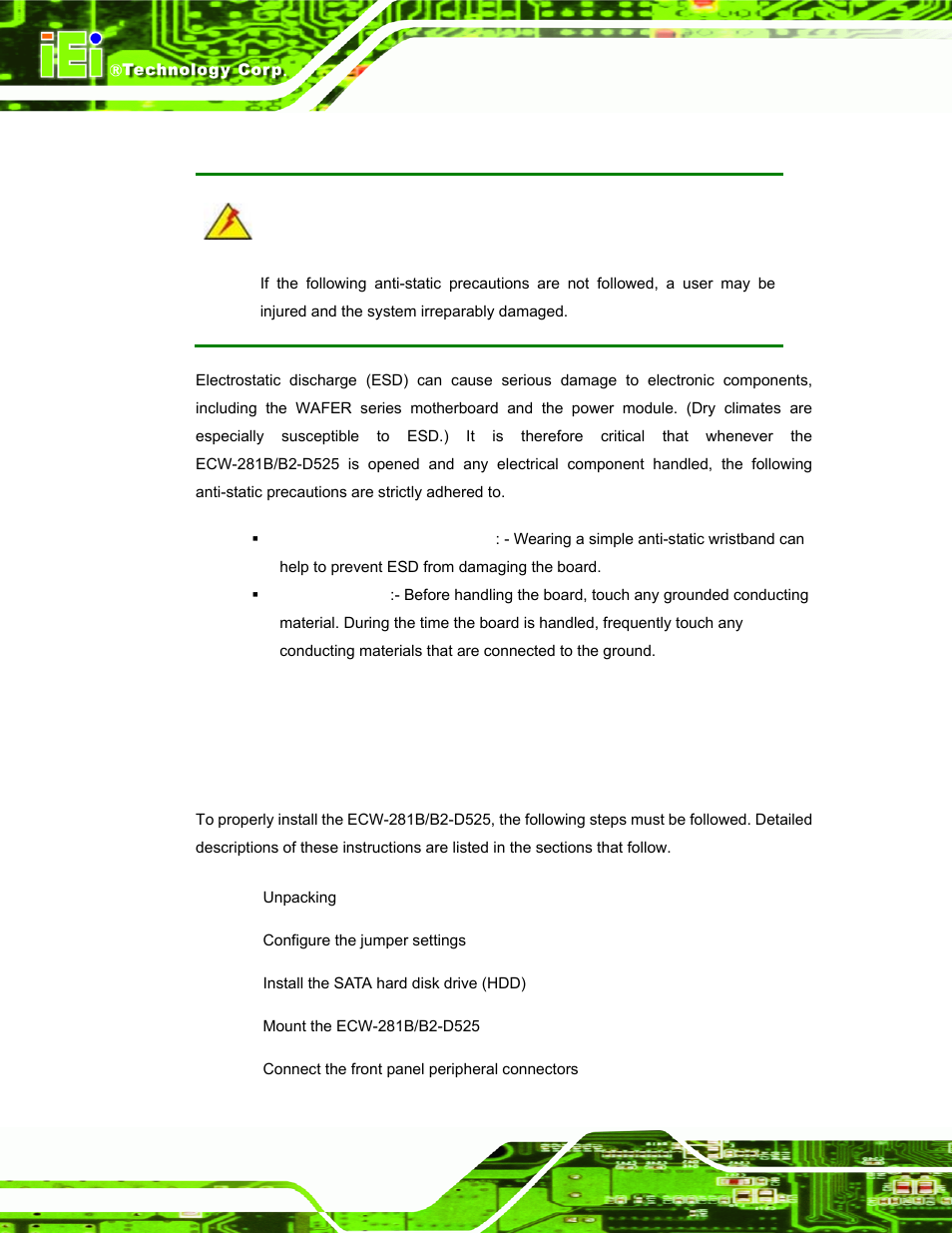 1 anti-static precautions, 2 installation procedure, 1 installation procedure overview | Static, Recautions, Nstallation, Rocedure, Shown in, Figure 3-1, Below | IEI Integration ECW-281B_B2-D525 User Manual | Page 43 / 137