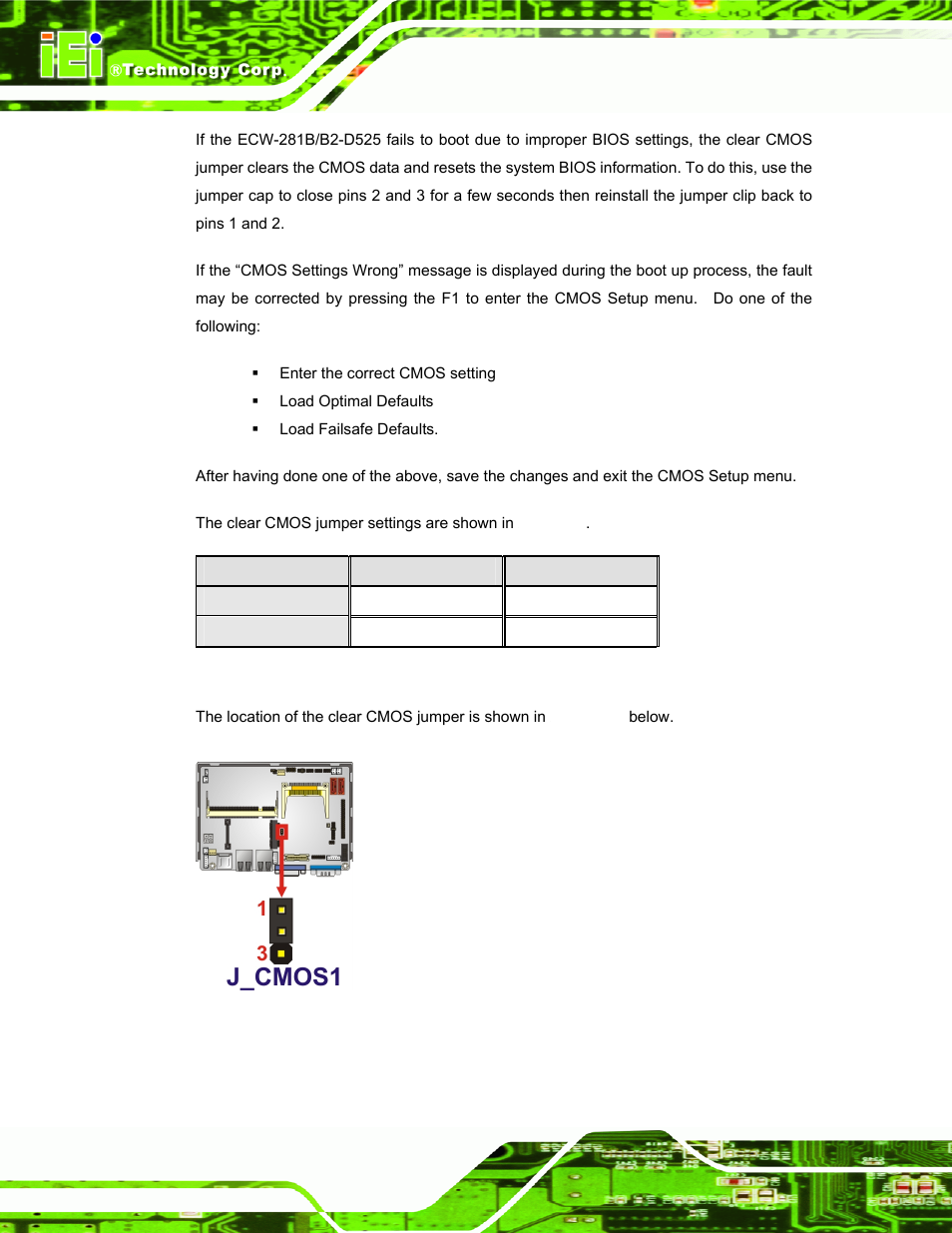 Figure 4-4: clear cmos jumper, Table 4-4: clear cmos jumper settings | IEI Integration ECW-281B_B2-D525 User Manual | Page 49 / 137