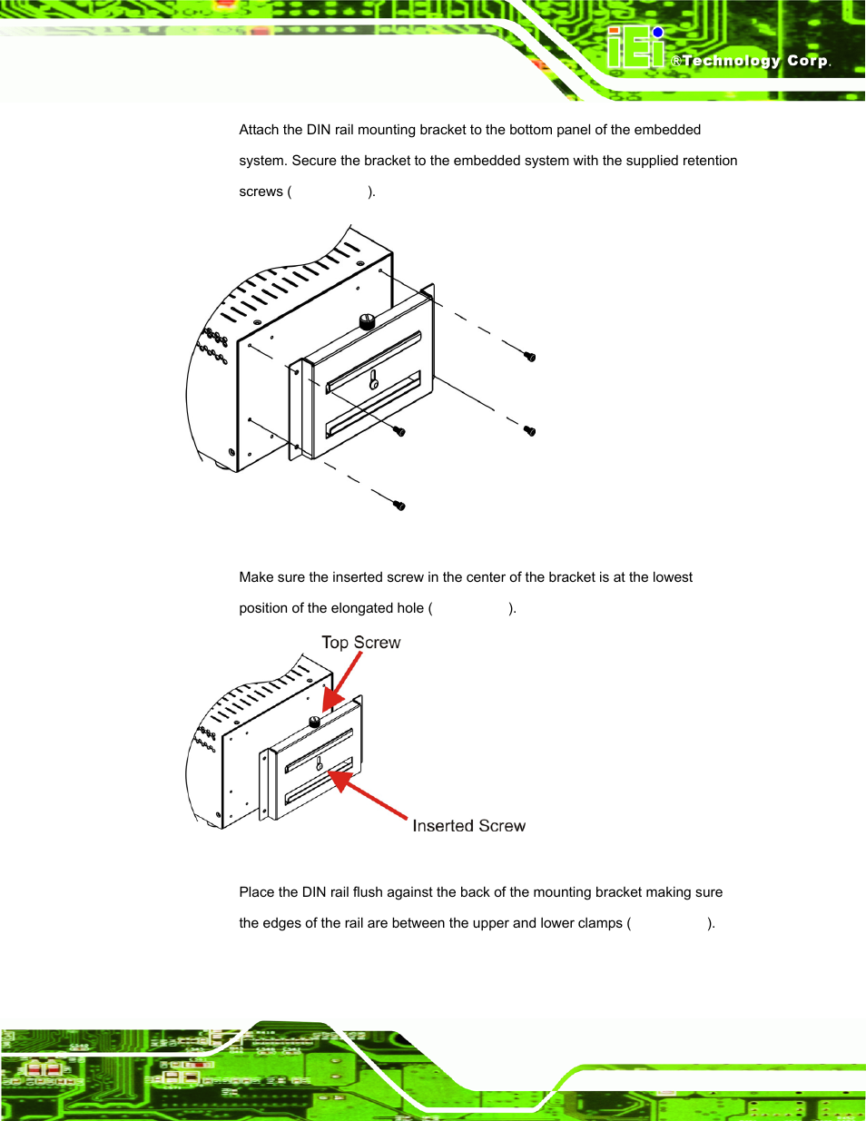 Figure 4-14: din rail mounting bracket, Figure 4-15: screw locations | IEI Integration ECW-281B_B2-D525 User Manual | Page 58 / 137