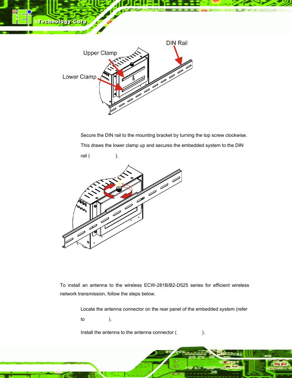 Figure 4-16: mounting the din rail, Figure 4-17: secure the assembly to the din rail | IEI Integration ECW-281B_B2-D525 User Manual | Page 59 / 137