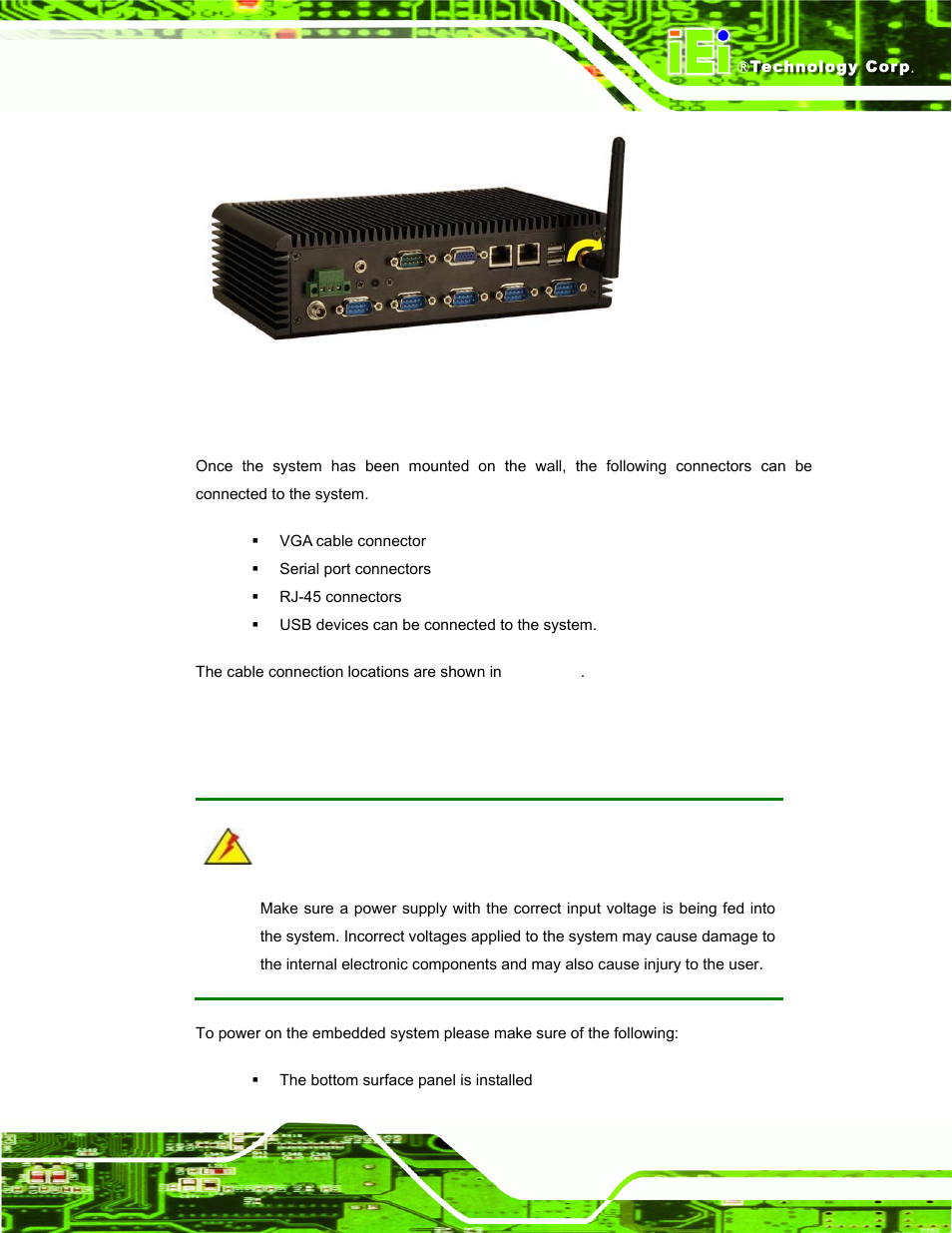 10 cable connections, 3 power-on procedure, 1 installation checklist | Ower, Rocedure, Figure 4-18: wireless antenna installation | IEI Integration ECW-281B_B2-D525 User Manual | Page 60 / 137