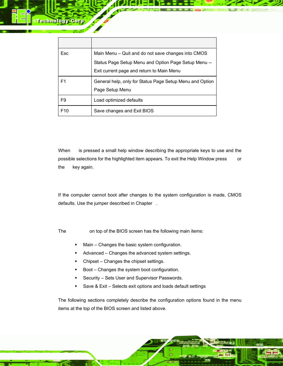 3 getting help, 4 unable to reboot after configuration changes, 5 bios menu bar | Table 5-1: bios navigation keys | IEI Integration ECW-281B_B2-D525 User Manual | Page 65 / 137