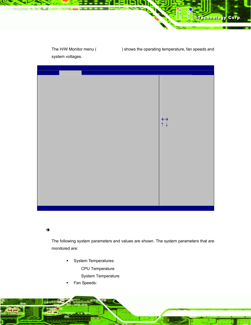 6 h/w monitor, Bios menu 9: hardware health configuration | IEI Integration ECW-281B_B2-D525 User Manual | Page 78 / 137