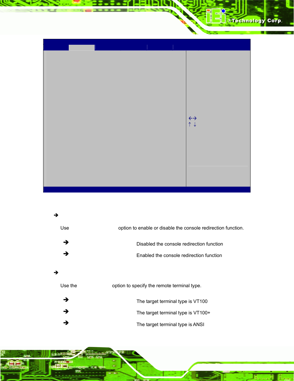Bios menu 10: serial port console redirection | IEI Integration ECW-281B_B2-D525 User Manual | Page 80 / 137