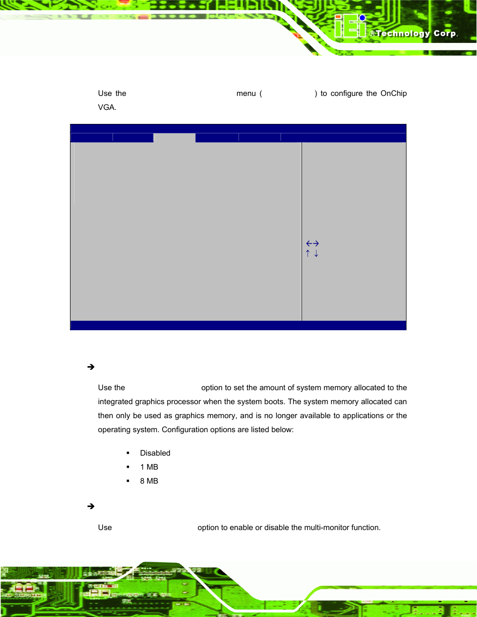 1 onchip vga configuration, Bios menu 14: onchip vga configuration | IEI Integration ECW-281B_B2-D525 User Manual | Page 84 / 137