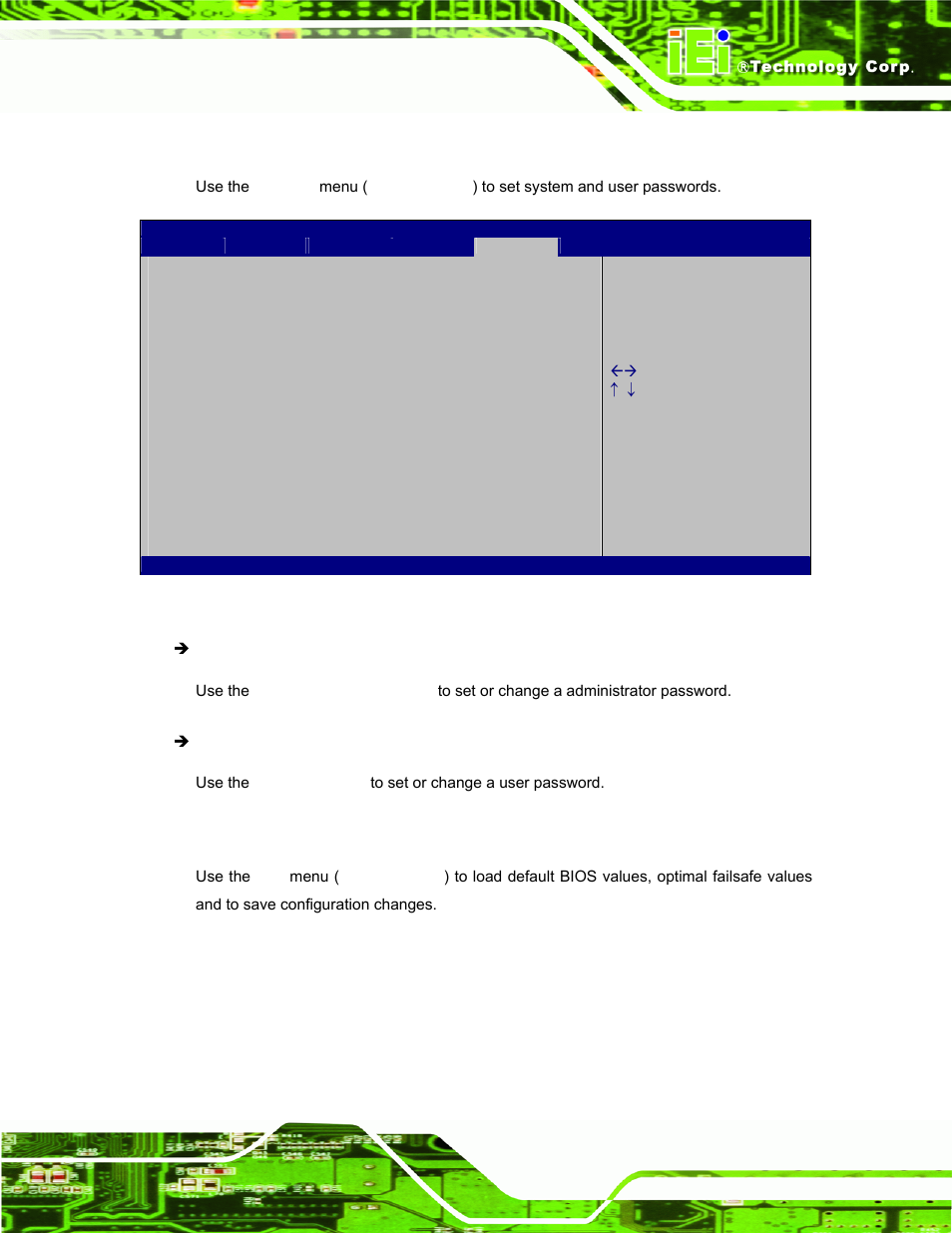 6 security, 7 exit, Ecurity | Bios menu 18: security | IEI Integration ECW-281B_B2-D525 User Manual | Page 90 / 137