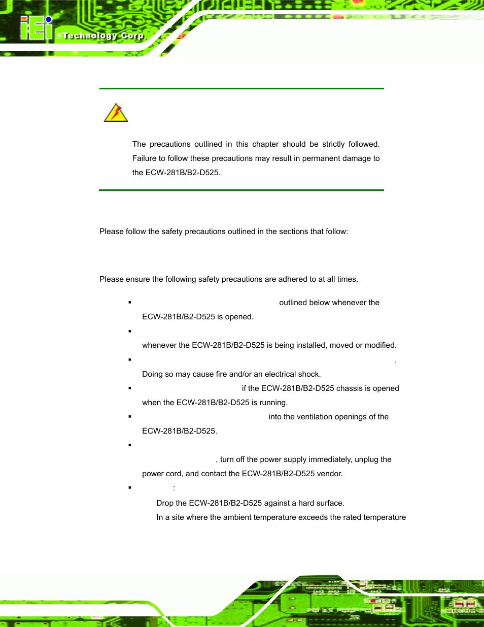 A.1 safety precautions, A.1.1 general safety precautions, Afety | Recautions | IEI Integration ECW-281B_B2-D525 User Manual | Page 99 / 137