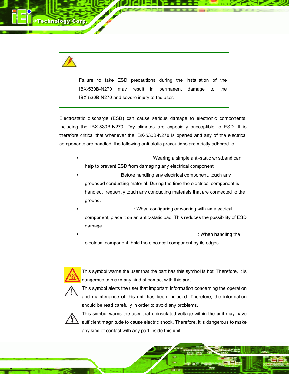 A.1.2 anti-static precautions, A.1.3 explanation of graphical symbols | IEI Integration IBX-530B-N270 User Manual | Page 116 / 133