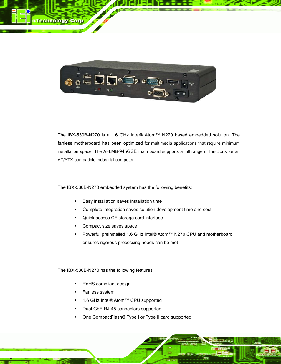 1 ibx-530b-n270 embedded system overview, 1 ibx-530b-n270 benefits, 2 ibx-530b-n270 features | Ibx-530b-n270, Mbedded, Ystem, Verview, Figure 1-1: ibx-530b-n270 embedded system | IEI Integration IBX-530B-N270 User Manual | Page 14 / 133