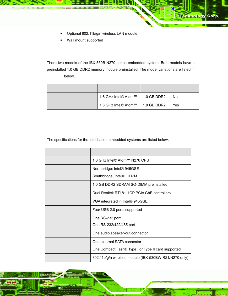 2 ibx-530b-n270 model variations, 3 technical specifications, Ibx-530b-n270 | Odel, Ariations, Echnical, Pecifications, Table 1-1: model variations | IEI Integration IBX-530B-N270 User Manual | Page 15 / 133