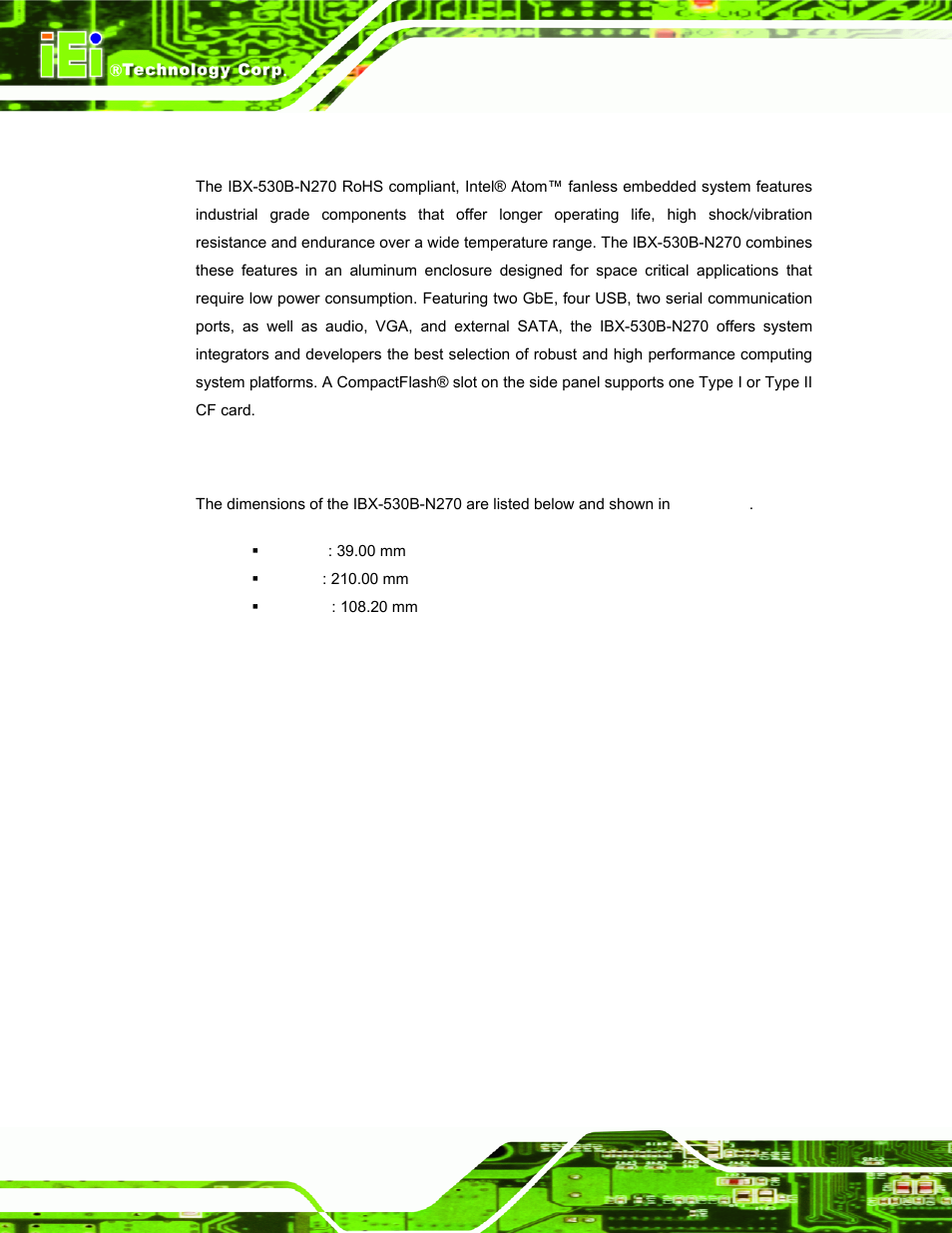1 ibx-530b-n270 mechanical overview, 2 ibx-530b-n270 physical dimensions, Ibx-530b-n270 | Echanical, Verview, Hysical, Imensions | IEI Integration IBX-530B-N270 User Manual | Page 18 / 133
