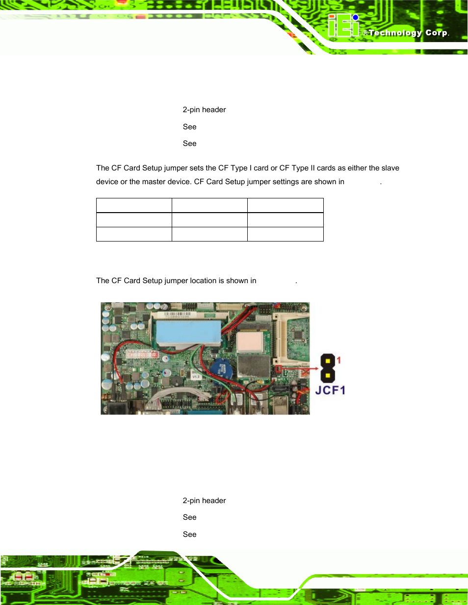 3 cf card setup, 4 clear cmos jumper, Figure 3-3: cf card setup jumper location | Table 3-3: cf card setup jumper settings | IEI Integration IBX-530B-N270 User Manual | Page 33 / 133