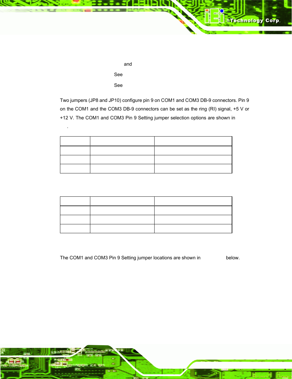 5 com port pin 9 select, Table 3-5: com1 pin 9 setting jumper settings, Table 3-6: com3 pin 9 setting jumper settings | IEI Integration IBX-530B-N270 User Manual | Page 35 / 133