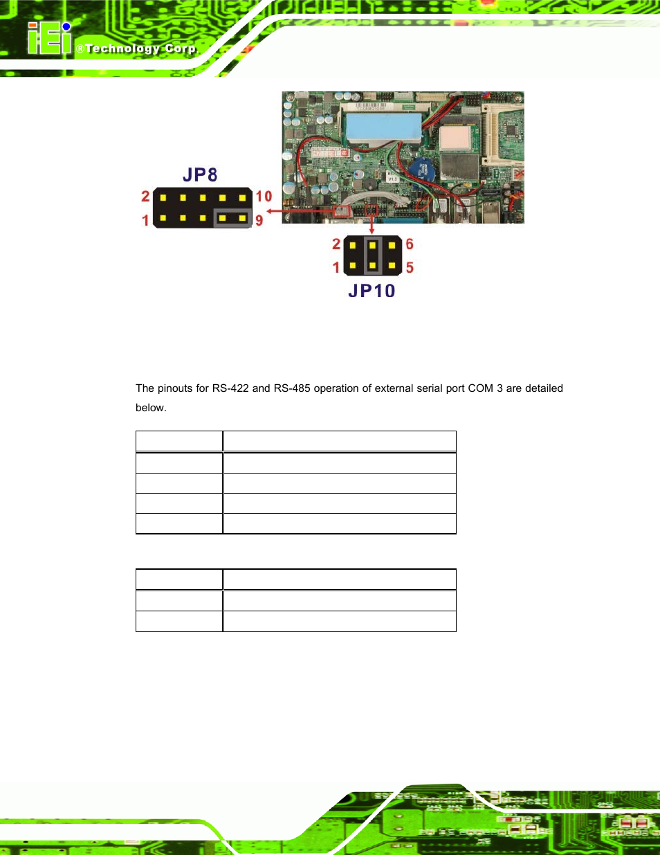 1 com3 rs-422 and rs-485 pinouts, Table 3-7: rs-422 pinouts, Table 3-8: rs-485 pinouts | See figure 3-5, Figure 3-5 | IEI Integration IBX-530B-N270 User Manual | Page 36 / 133