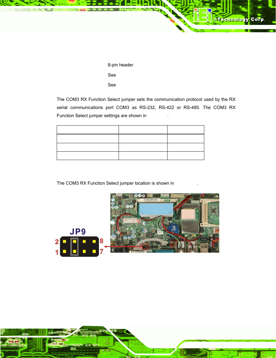 6 com3 rx function select jumper, Table 3-9: com3 rx function select jumper settings | IEI Integration IBX-530B-N270 User Manual | Page 37 / 133