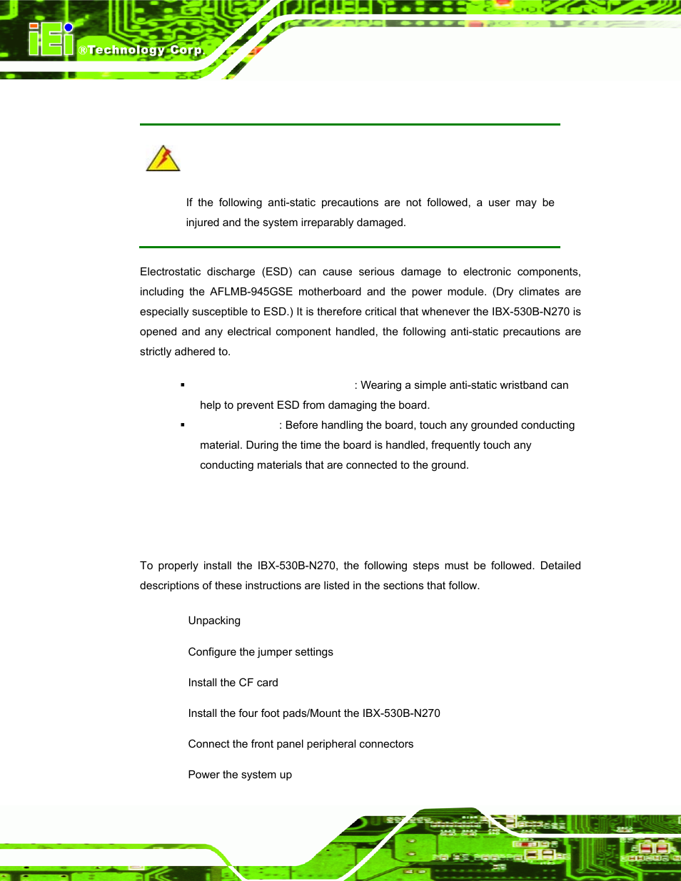 1 anti-static precautions, 2 installation procedure, 1 installation procedure overview | Static, Recautions, Nstallation, Rocedure | IEI Integration IBX-530B-N270 User Manual | Page 42 / 133