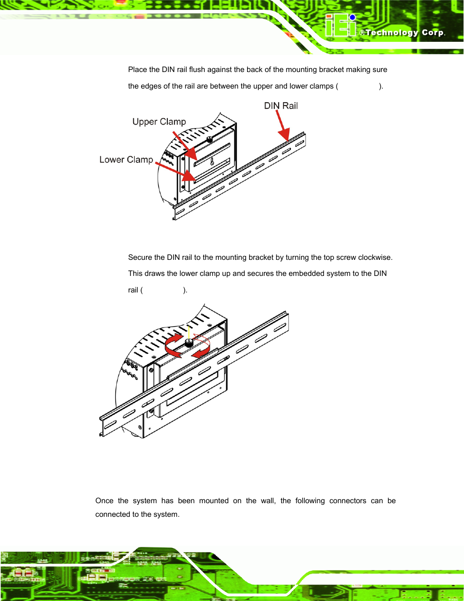 9 cable connections, Figure 4-10: mounting the din rail, Figure 4-11: secure the assembly to the din rail | IEI Integration IBX-530B-N270 User Manual | Page 51 / 133