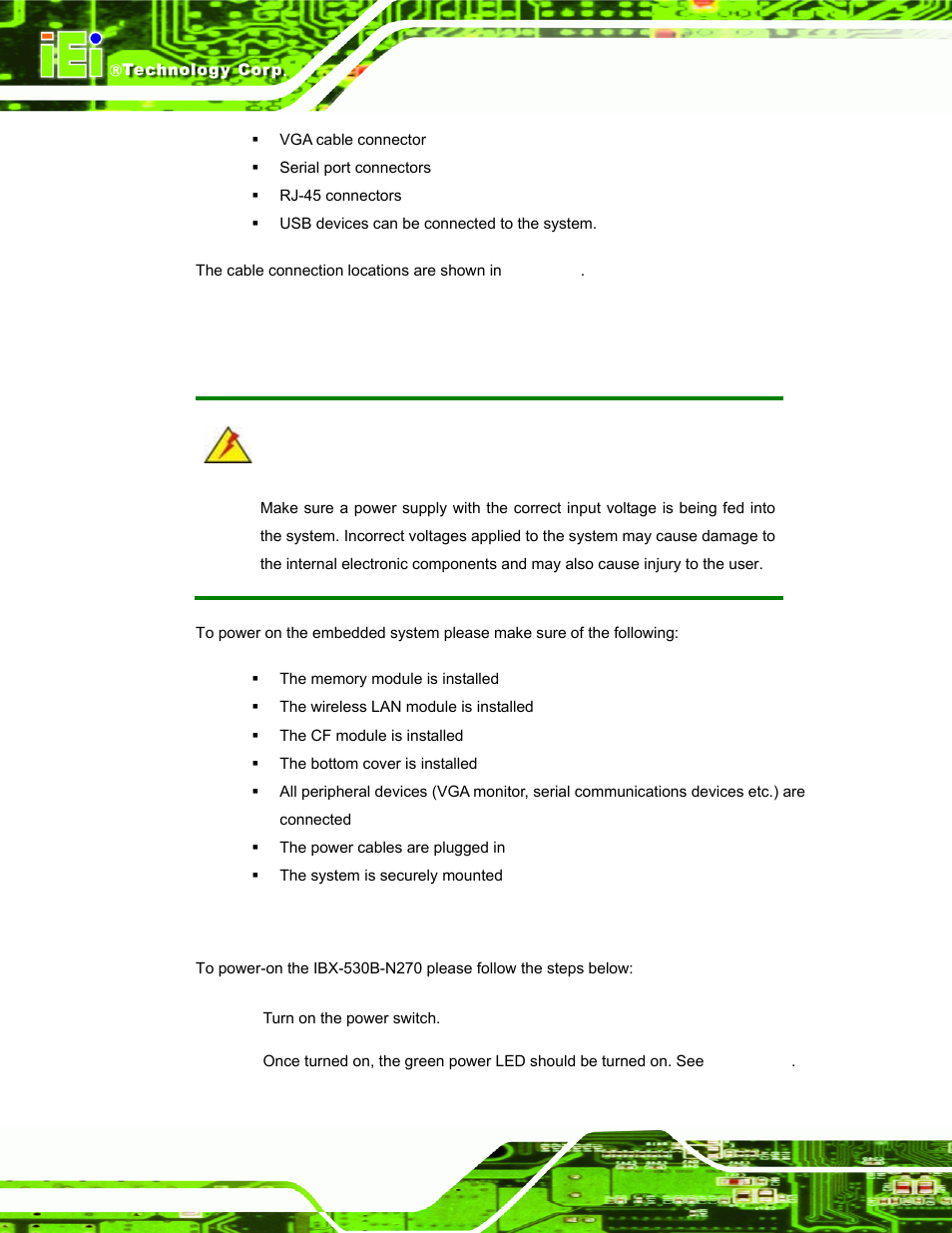 3 power-on procedure, 1 installation checklist, 2 power-on procedure | Ower, Rocedure | IEI Integration IBX-530B-N270 User Manual | Page 52 / 133
