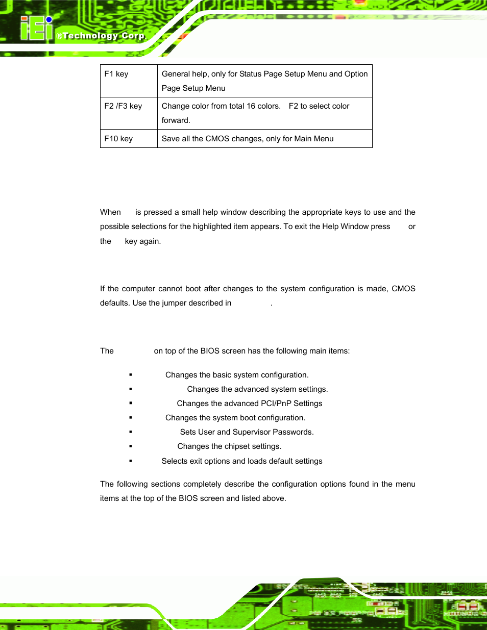 3 getting help, 4 unable to reboot after configuration changes, 5 bios menu bar | Table 5-1: bios navigation keys | IEI Integration IBX-530B-N270 User Manual | Page 56 / 133