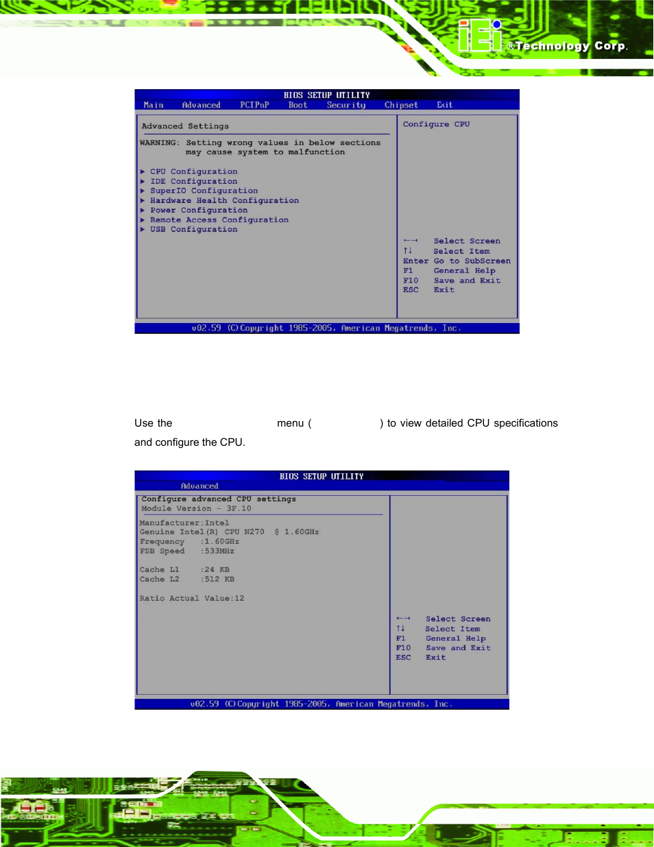 1 cpu configuration, Menu 2: advanced, Menu 3: cpu configuration | IEI Integration IBX-530B-N270 User Manual | Page 59 / 133