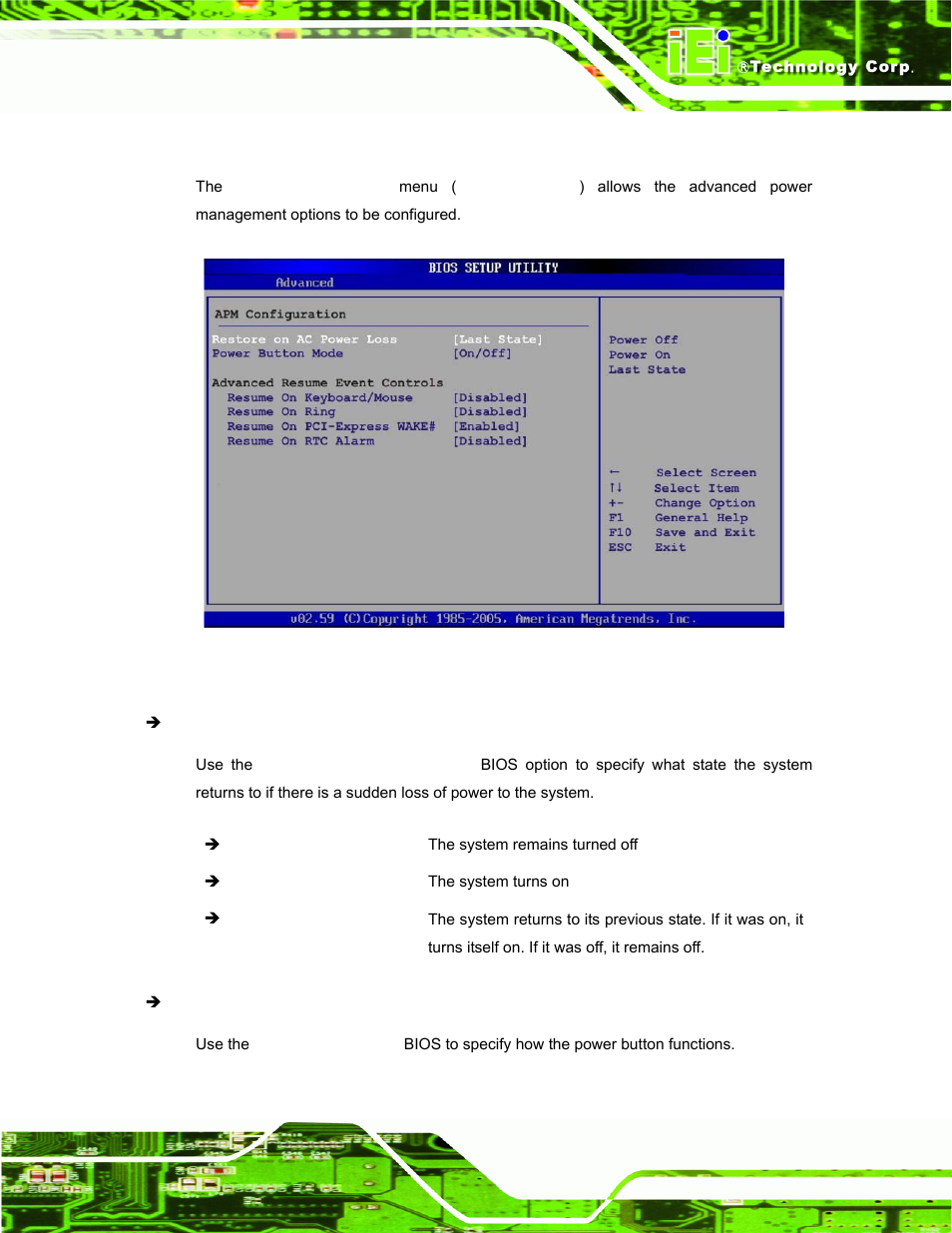 2 apm configuration, Menu 10: advanced power management configuration | IEI Integration IBX-530B-N270 User Manual | Page 75 / 133