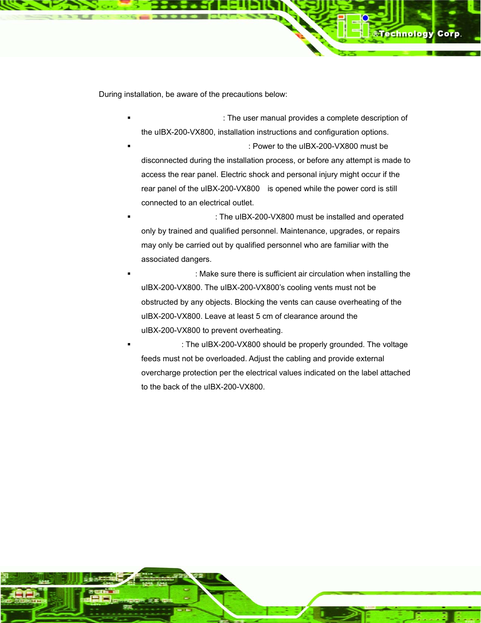 1 installation precautions, Nstallation, Recautions | IEI Integration uIBX-200-VX800 v1.04 User Manual | Page 25 / 113