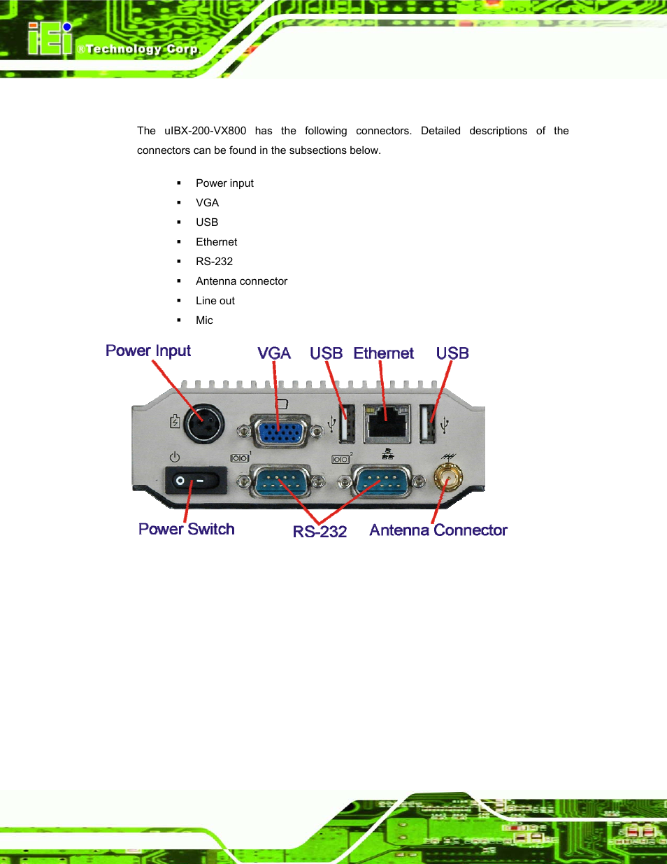 4 external peripheral interface connectors, Xternal, Eripheral | Nterface, Onnectors, Figure 4-5: peripheral connectors (rear) | IEI Integration uIBX-200-VX800 v1.04 User Manual | Page 30 / 113
