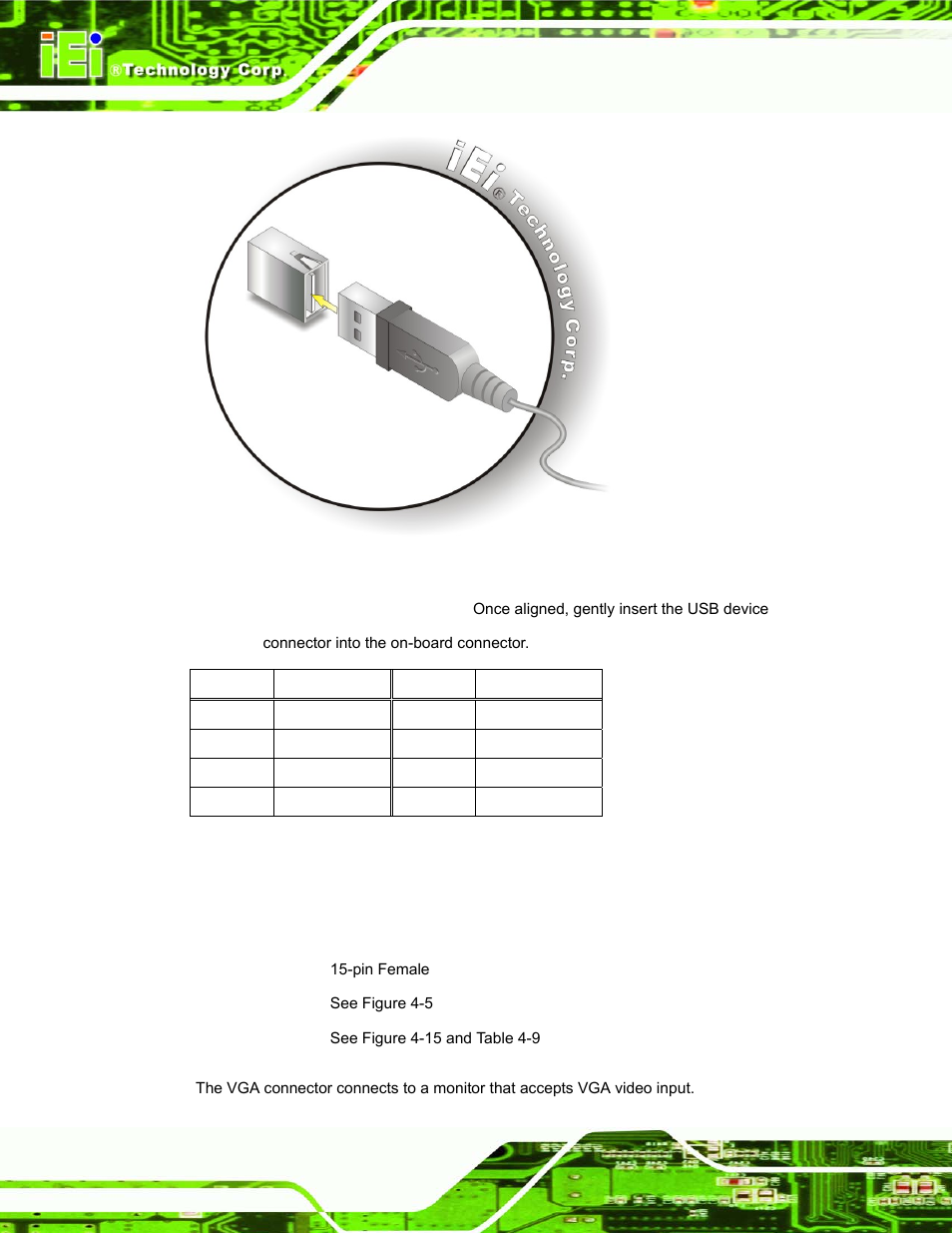 6 vga connector, Figure 4-13: usb device connection, Table 4-8: usb port pinouts | See table 4-8, Figure 4-13 | IEI Integration uIBX-200-VX800 v1.04 User Manual | Page 36 / 113