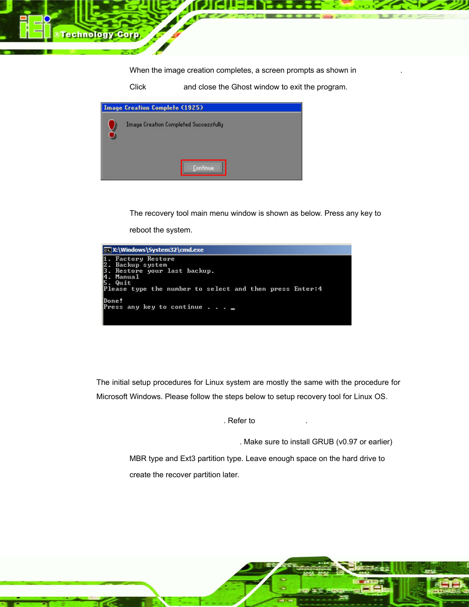 A.3 setup procedure for linux, Etup, Rocedure for | Inux, Figure a-17: image creation complete, Figure a-18: press any key to continue | IEI Integration uIBX-200-VX800 v1.04 User Manual | Page 92 / 113