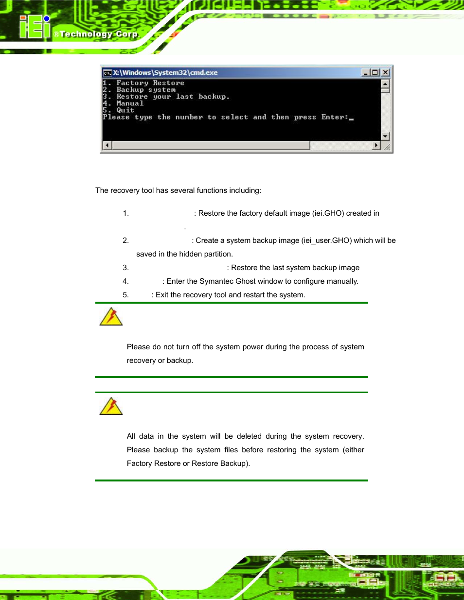 Figure a-23: recovery tool main menu | IEI Integration uIBX-200-VX800 v1.04 User Manual | Page 96 / 113