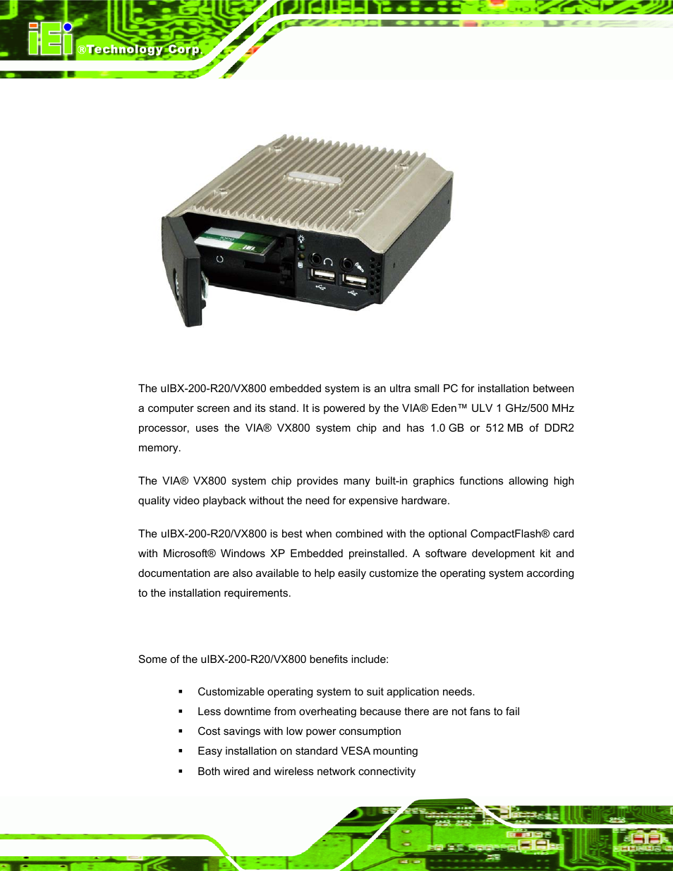 1 overview, 2 benefits, Verview | Enefits, Figure 1-1: uibx-200-r20/vx800 | IEI Integration uIBX-200-VX800 v2.00 User Manual | Page 12 / 116