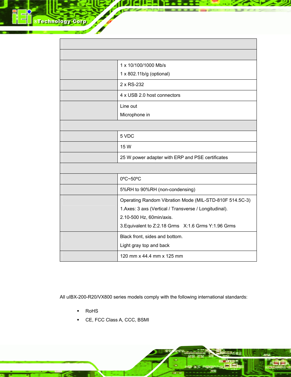5 certifications, Ertifications, Table 1-1: technical specifications | IEI Integration uIBX-200-VX800 v2.00 User Manual | Page 14 / 116