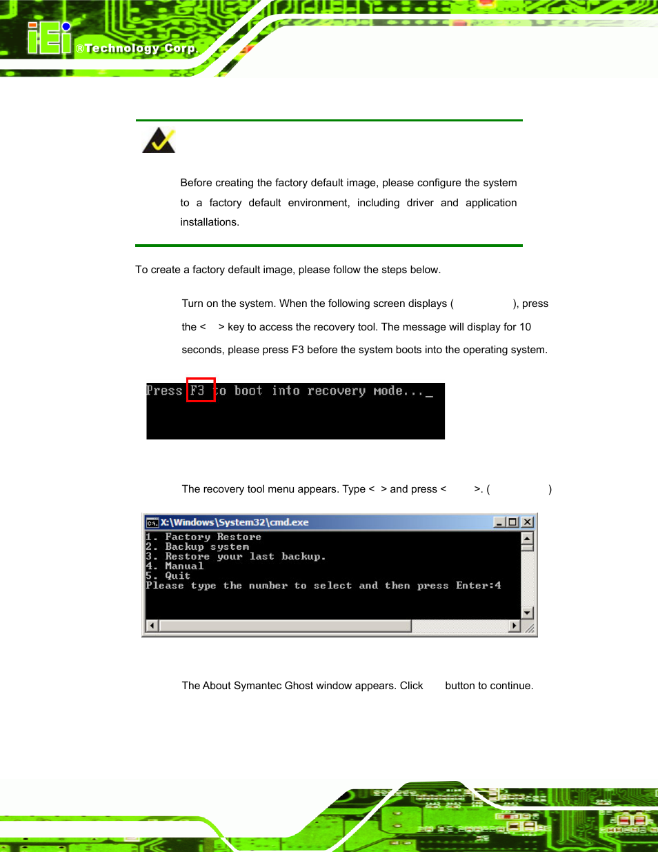 A.2.5 create factory default image, Figure a-10: press f3 to boot into recovery mode, Figure a-11: recovery tool menu | IEI Integration uIBX-200-VX800 v2.00 User Manual | Page 90 / 116