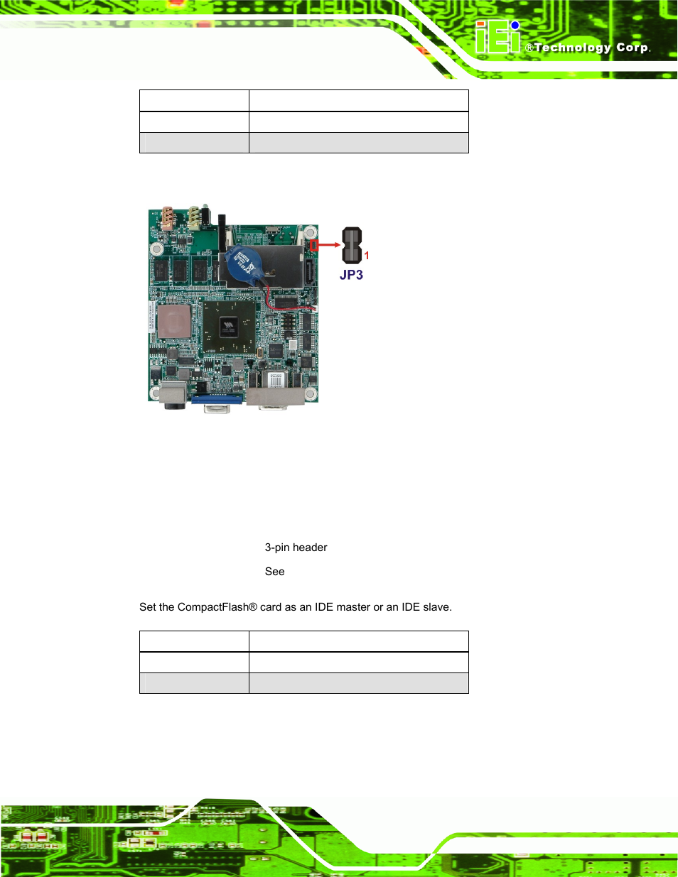 2 compactflash® master/slave selection, Figure 4-1: at/atx power select jumper location, Table 4-2: at/atx power select jumper settings | Table 4-3: compactflash® master/slave selection | IEI Integration uIBX-200-VX800 v2.10 User Manual | Page 27 / 116