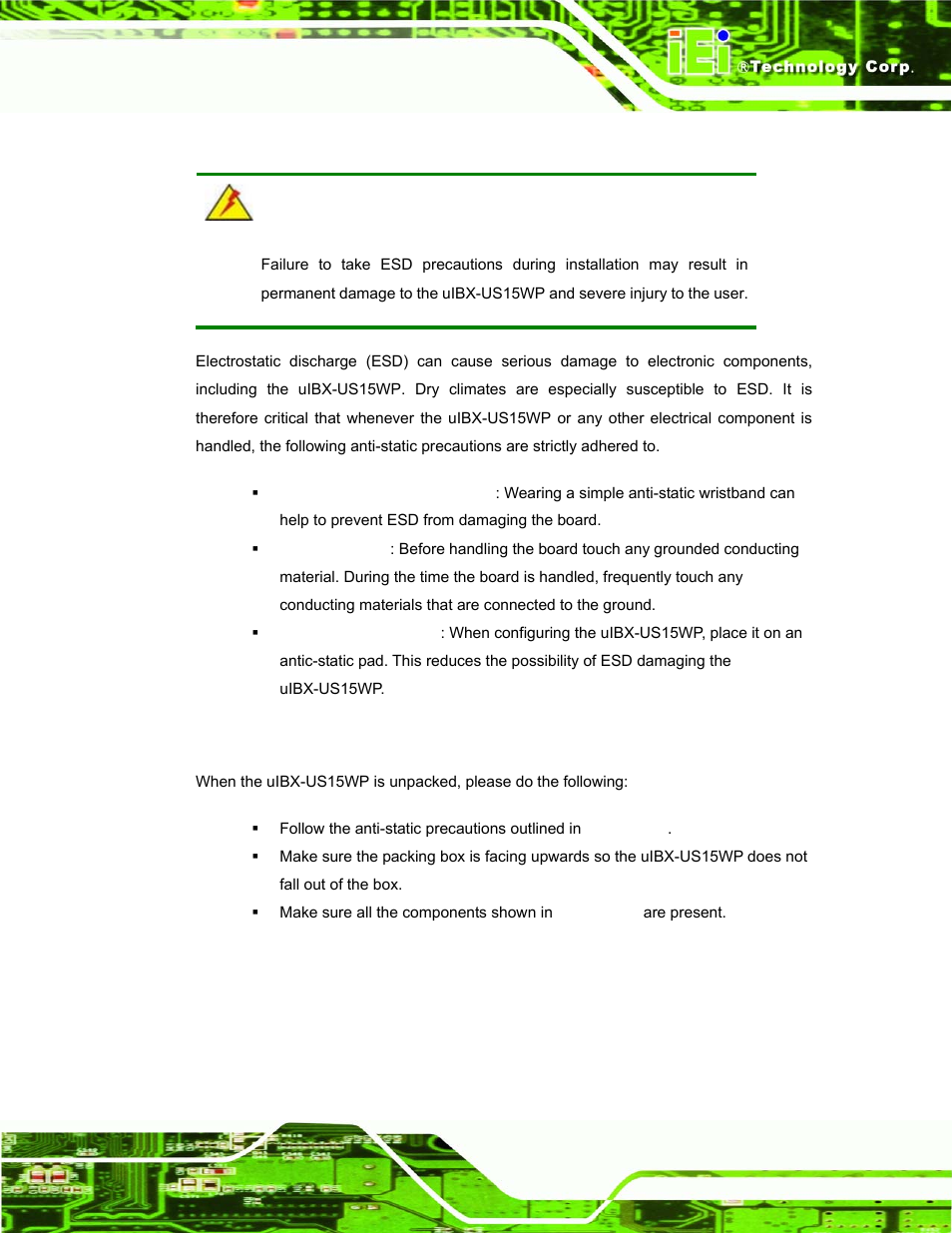 1 anti-static precautions, 2 unpacking precautions, Static | Recautions, Npacking | IEI Integration uIBX-200 v1.02 User Manual | Page 20 / 109