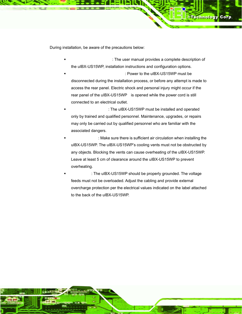 1 installation precautions, Nstallation, Recautions | IEI Integration uIBX-200 v1.02 User Manual | Page 24 / 109