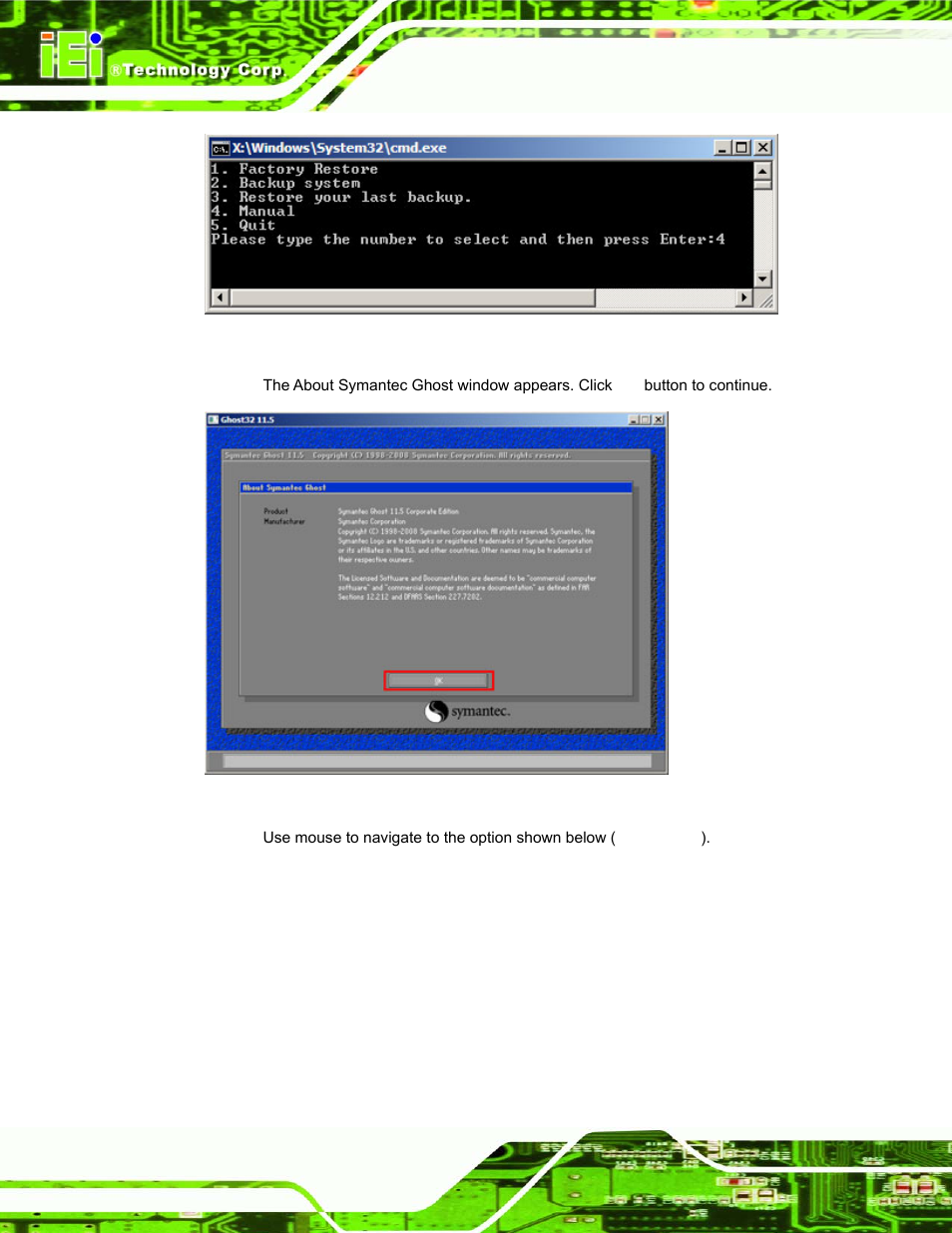 Figure a-8: recovery tool menu, Figure a-9: about symantec ghost window | IEI Integration uIBX-200 v1.02 User Manual | Page 83 / 109
