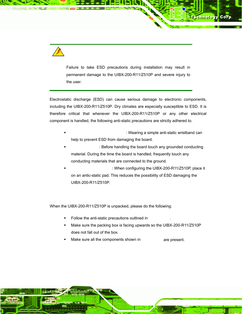 1 anti-static precautions, 2 unpacking precautions, Static | Recautions, Npacking | IEI Integration uIBX-200 v1.10 User Manual | Page 21 / 113