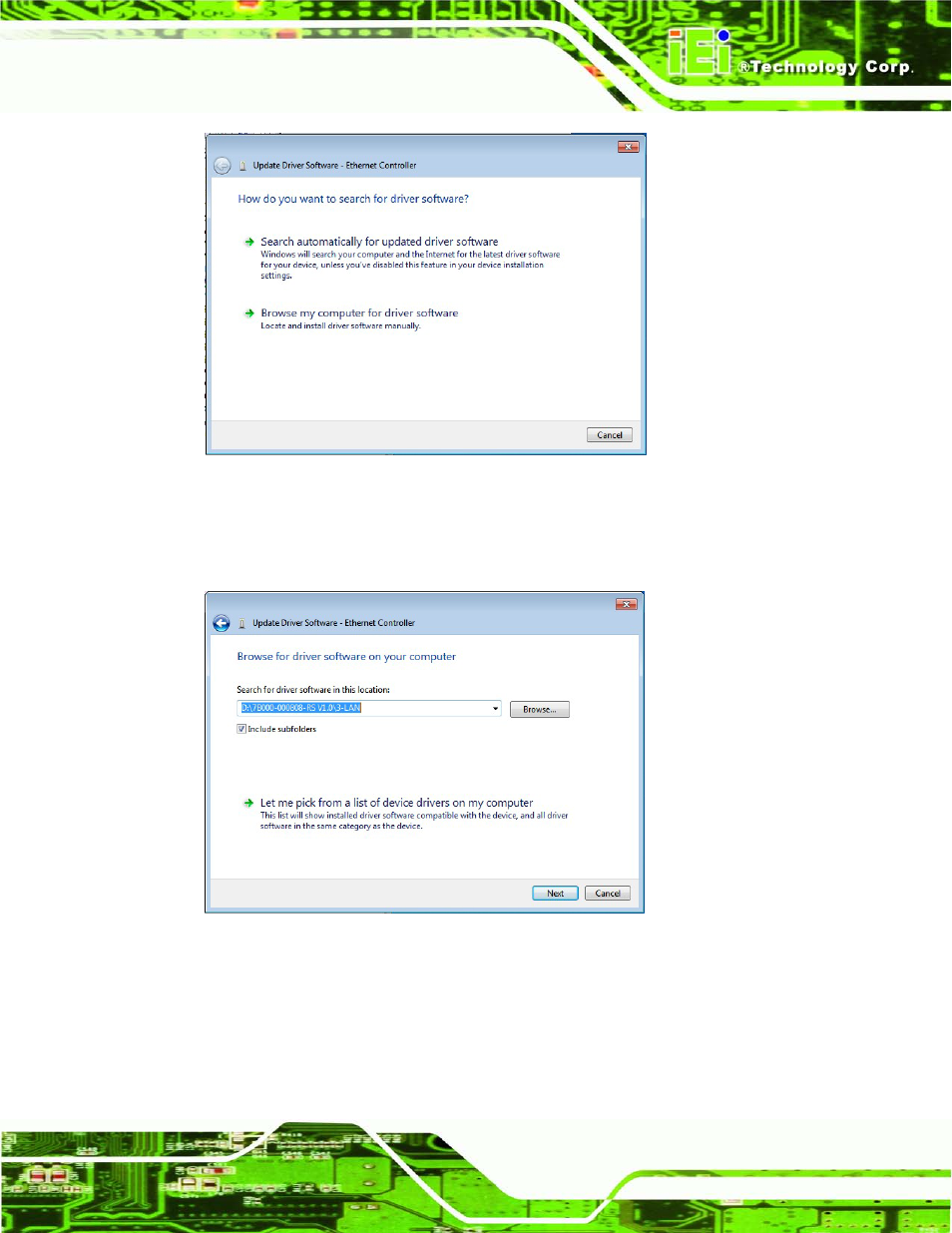 Figure 7-15: update driver software window, Figure 7-16: locate driver files | IEI Integration uIBX-210-CV-N2600 User Manual | Page 104 / 163