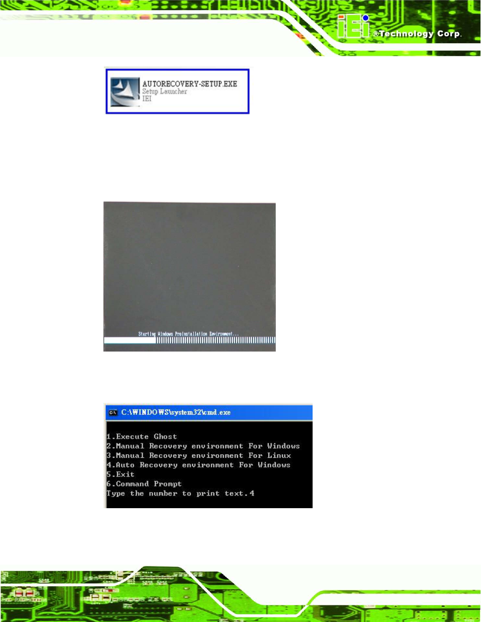 Figure c-22: auto recovery utility, Figure c-23: launching the recovery tool, Figure c-24: auto recovery environment for windows | IEI Integration uIBX-210-CV-N2600 User Manual | Page 134 / 163