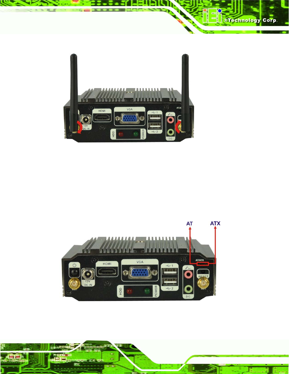 4 at/atx mode selection, At/atx, Election | Figure 3-1: wi-fi antenna installation, Figure 3-2: at/atx switch location | IEI Integration uIBX-210-CV-N2600 User Manual | Page 26 / 163