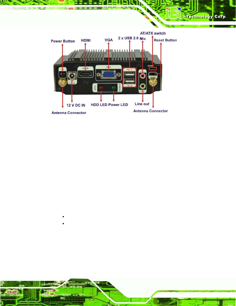 1 audio connection, Figure 3-20: peripheral connectors (rear panel) | IEI Integration uIBX-210-CV-N2600 User Manual | Page 38 / 163