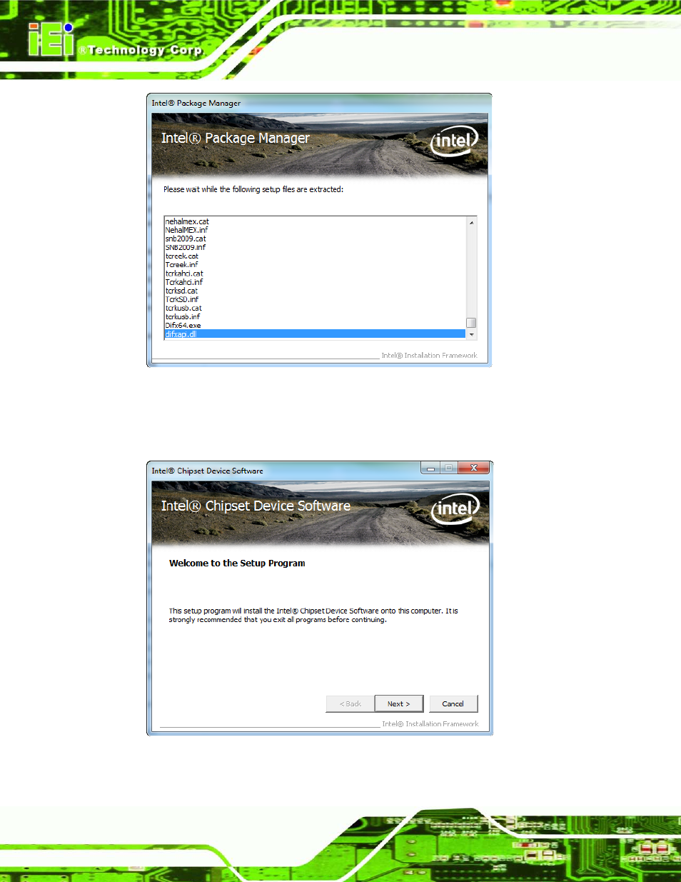 Figure 7-2: chipset driver screen, Figure 7-3: chipset driver welcome screen | IEI Integration uIBX-210-CV-N2600 User Manual | Page 95 / 163
