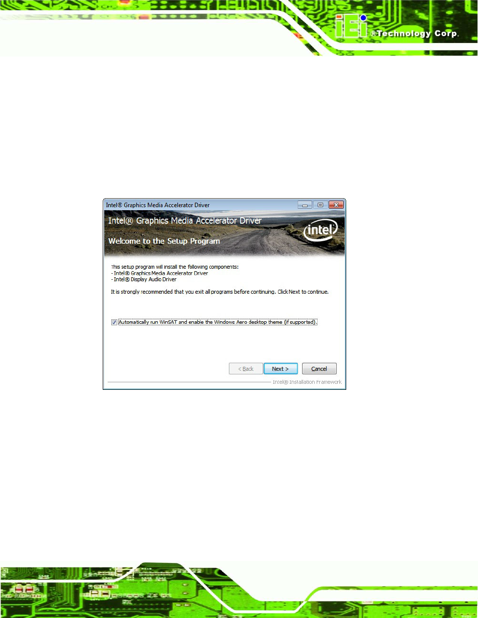4 graphic driver installation, Raphic, River | Nstallation, Figure 7-7: vga driver welcome screen, 4 gra p h ic drive r in s ta lla tio n | IEI Integration uIBX-210-CV-N2600 User Manual | Page 98 / 163