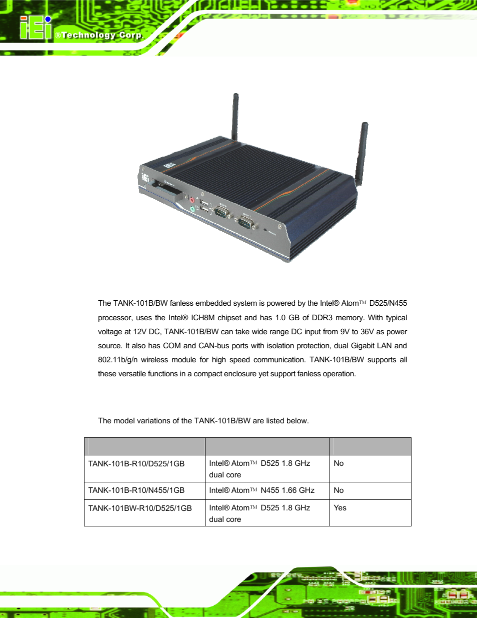 1 overview, 2 model variations, Verview | Odel, Ariations, Figure 1-1: tank-101b/bw, Table 1-1: tank-101b/bw model variations | IEI Integration TANK-101B-D525_N455 v1.02 User Manual | Page 13 / 119