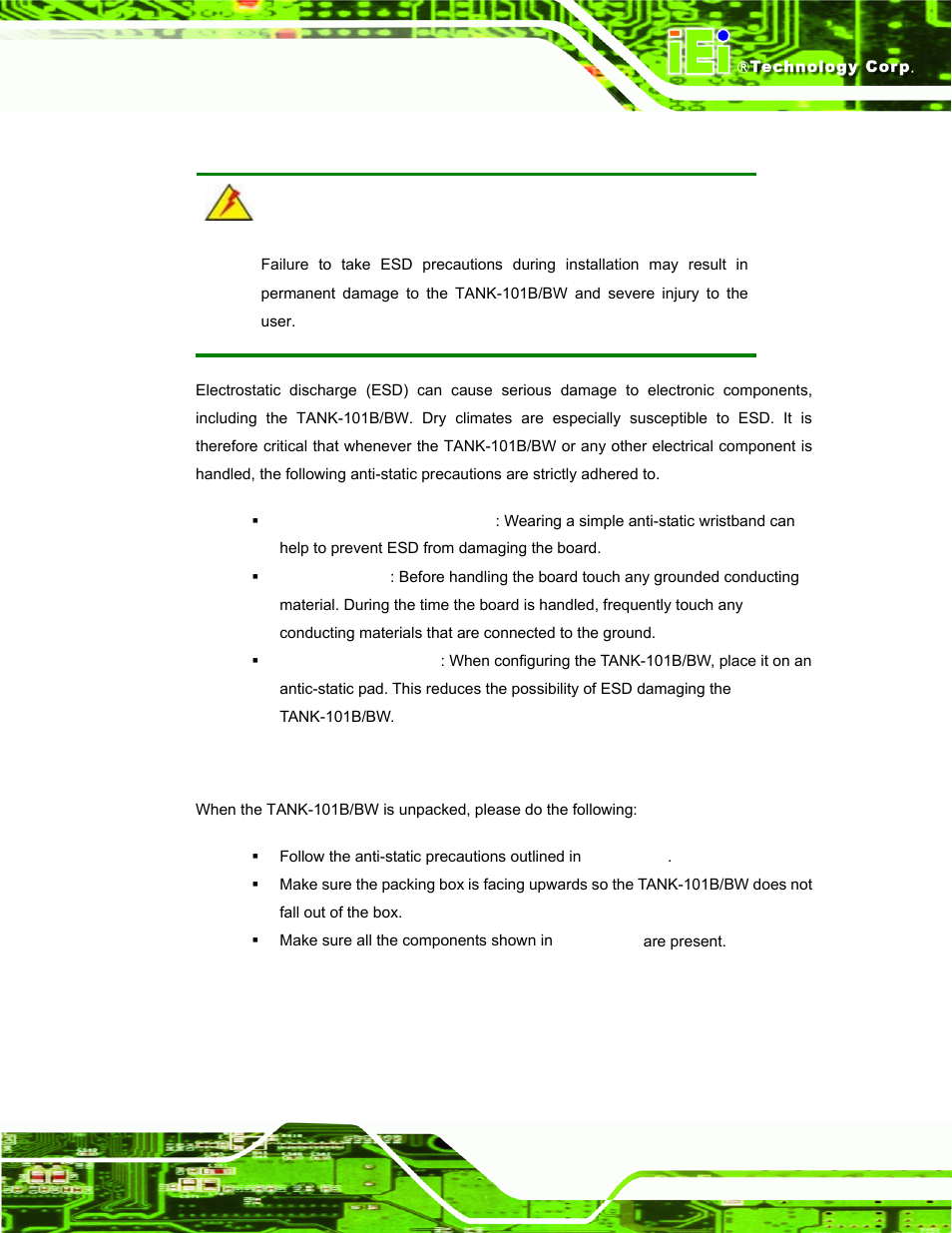 1 anti-static precautions, 2 unpacking precautions, Static | Recautions, Npacking | IEI Integration TANK-101B-D525_N455 v1.02 User Manual | Page 20 / 119