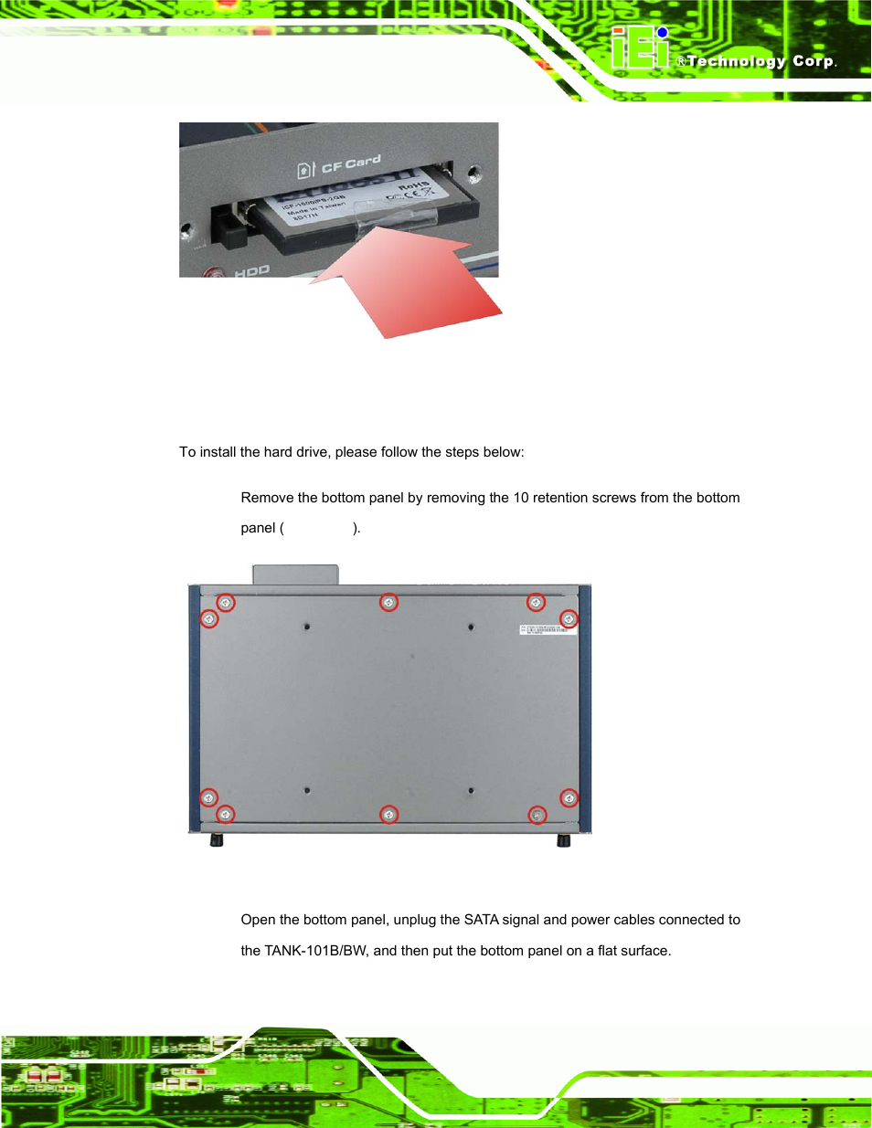 3 hard disk drive (hdd) installation, Rive, Hdd) | Nstallation, Figure 3-2: cf card installation, Figure 3-3: bottom panel retention screws | IEI Integration TANK-101B-D525_N455 v1.02 User Manual | Page 26 / 119