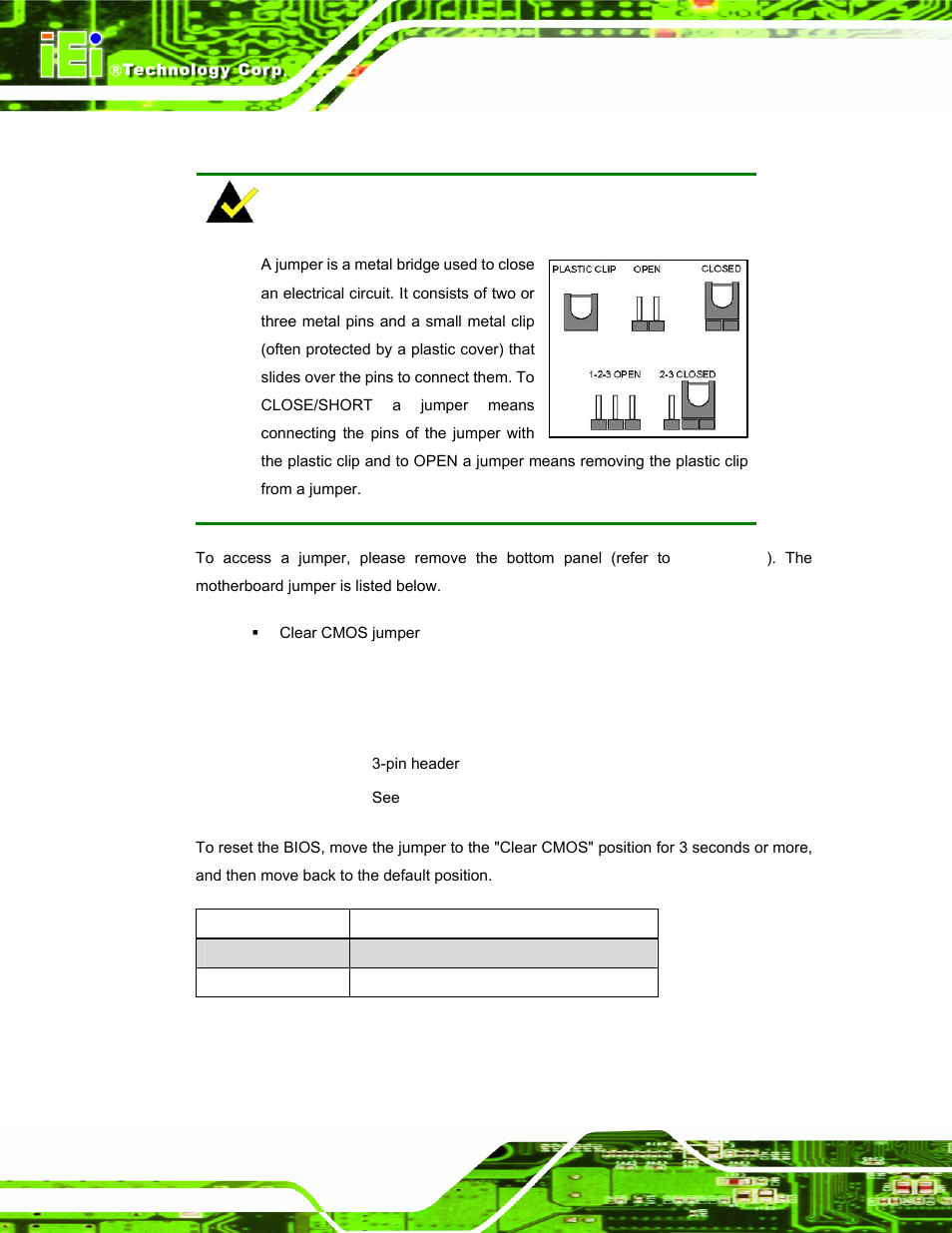 6 jumper settings, 1 clear cmos jumper, Umper | Ettings, Table 3-1: clear cmos jumper settings | IEI Integration TANK-101B-D525_N455 v1.02 User Manual | Page 31 / 119