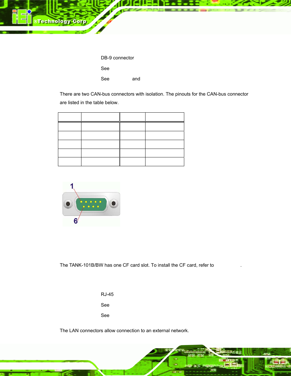 2 can-bus connectors, 3 compactflash® card slot, 4 lan connectors | Figure 3-9: can-bus connector pinout location, Table 3-2: can-bus connector pinouts | IEI Integration TANK-101B-D525_N455 v1.02 User Manual | Page 33 / 119