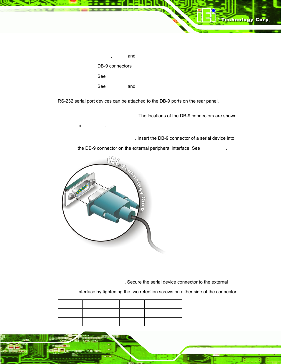 6 rs-232 serial port connectors, Figure 3-13: serial device connector | IEI Integration TANK-101B-D525_N455 v1.02 User Manual | Page 36 / 119